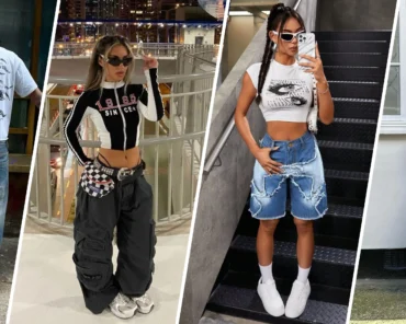 A collage of 2000s-style fashion elements including low-rise jeans and rhinestone accessories, representing the decade's cultural comeback