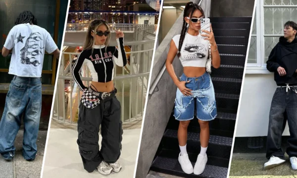 A collage of 2000s-style fashion elements including low-rise jeans and rhinestone accessories, representing the decade's cultural comeback