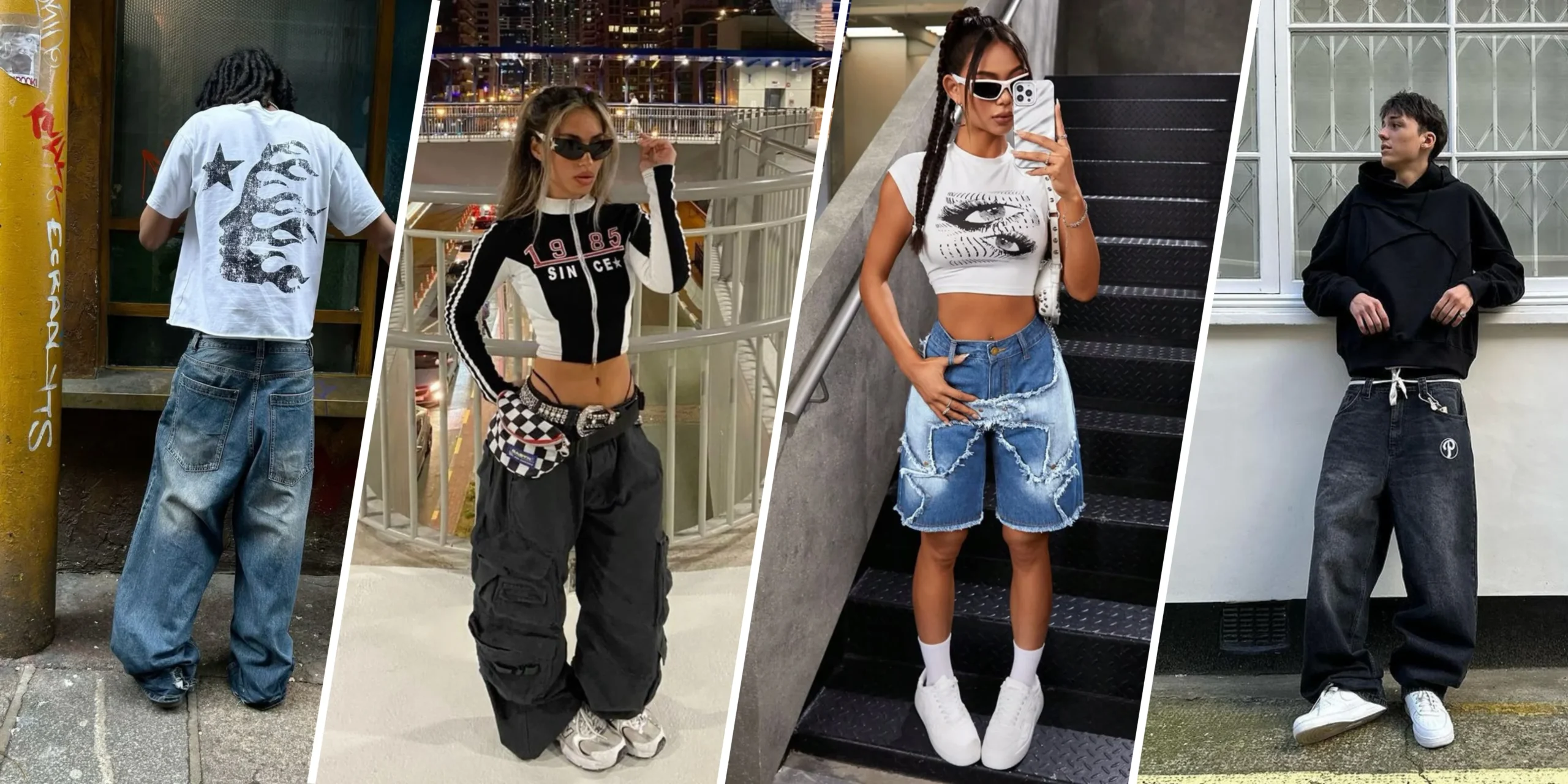 A collage of 2000s-style fashion elements including low-rise jeans and rhinestone accessories, representing the decade's cultural comeback