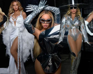 An elaborate custom stage costume on a concert performer, representing the designer craftsmanship behind Beyoncé's most iconic tour looks