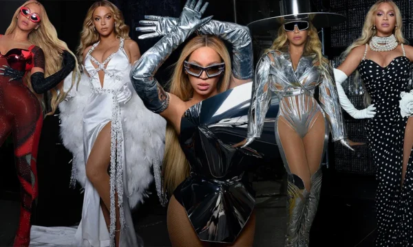 An elaborate custom stage costume on a concert performer, representing the designer craftsmanship behind Beyoncé's most iconic tour looks
