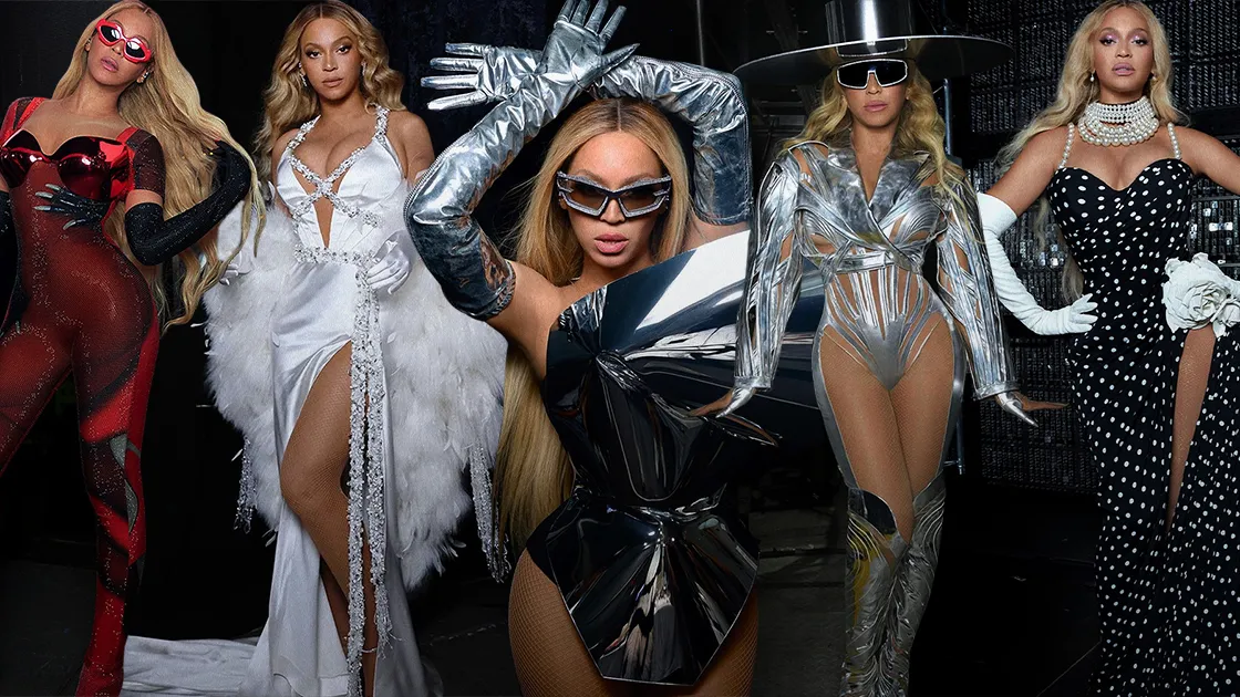 An elaborate custom stage costume on a concert performer, representing the designer craftsmanship behind Beyoncé's most iconic tour looks