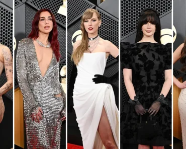 A musician arriving on the Grammy Awards red carpet in a striking designer gown, representing the show's most talked-about fashion moments