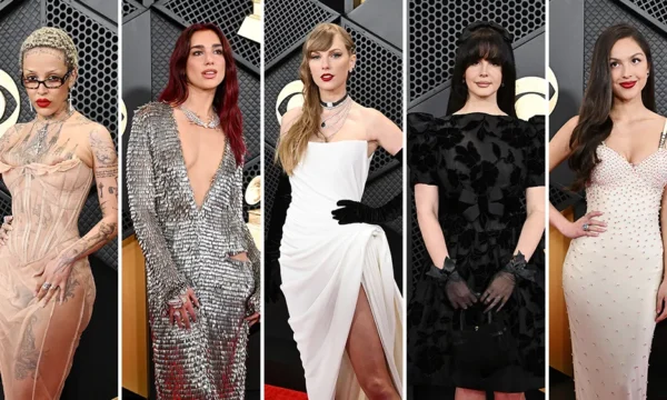 A musician arriving on the Grammy Awards red carpet in a striking designer gown, representing the show's most talked-about fashion moments