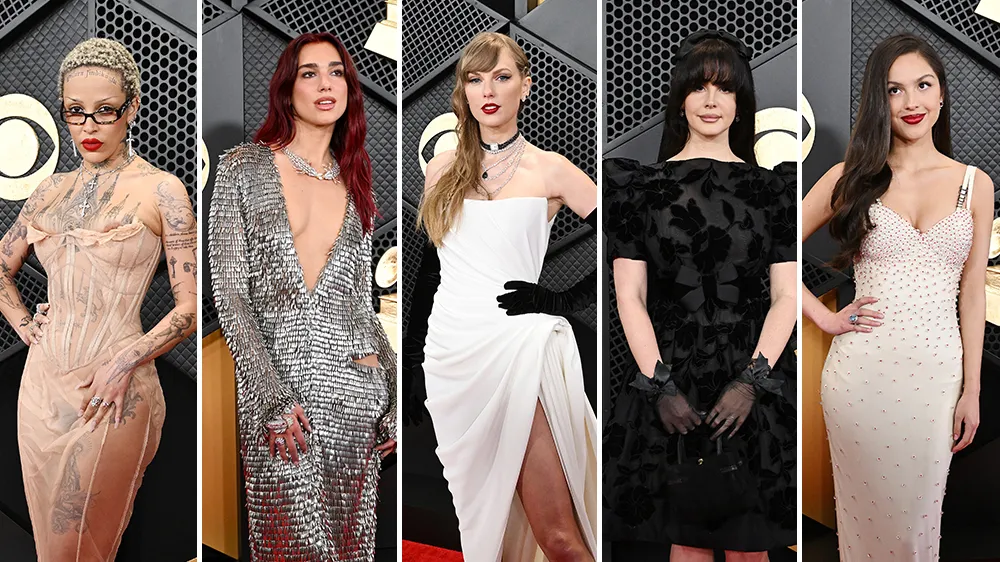 A musician arriving on the Grammy Awards red carpet in a striking designer gown, representing the show's most talked-about fashion moments