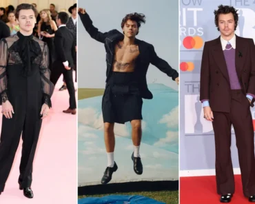A gender-fluid fashion look featuring sheer fabric and traditionally feminine tailoring, representing Harry Styles' influence on mainstream style