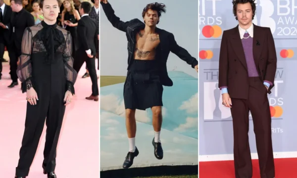 A gender-fluid fashion look featuring sheer fabric and traditionally feminine tailoring, representing Harry Styles' influence on mainstream style