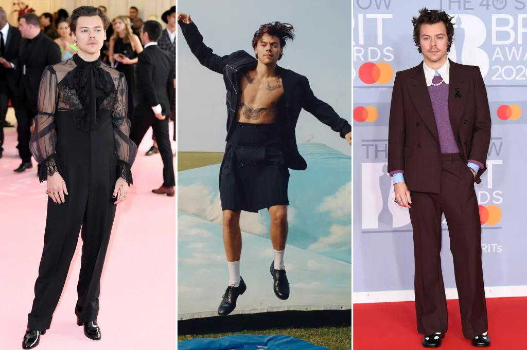 A gender-fluid fashion look featuring sheer fabric and traditionally feminine tailoring, representing Harry Styles' influence on mainstream style