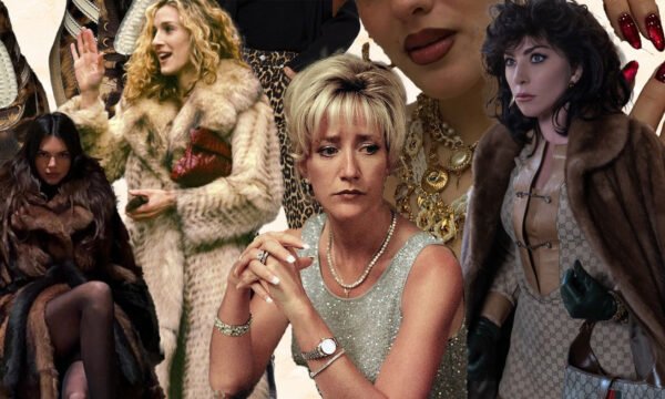 A glamorous outfit featuring a fur coat and gold jewelry, representing the "mob wife aesthetic" fashion trend