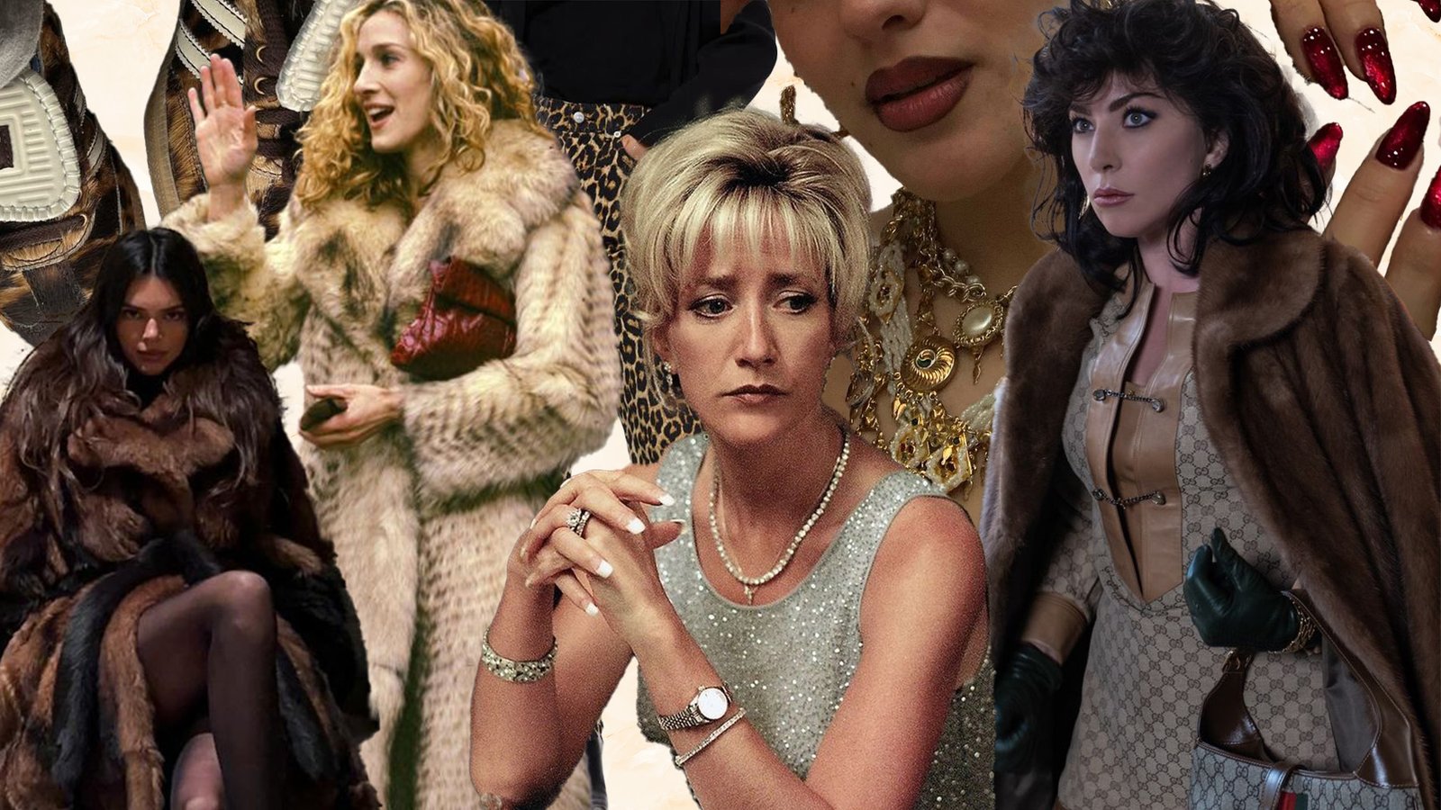 A glamorous outfit featuring a fur coat and gold jewelry, representing the "mob wife aesthetic" fashion trend