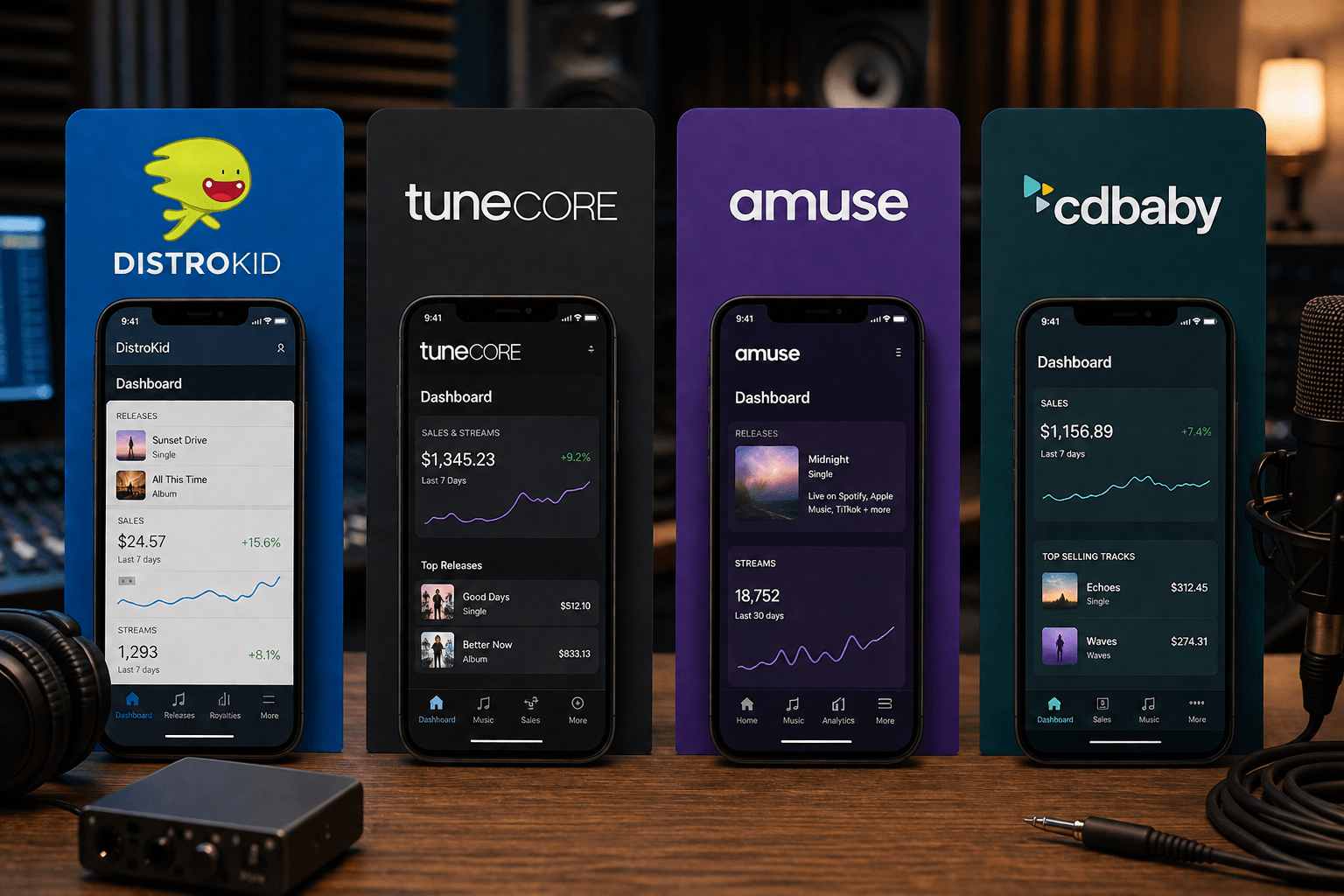 Comparison table of DistroKid, TuneCore, Amuse and CD Baby music distributors