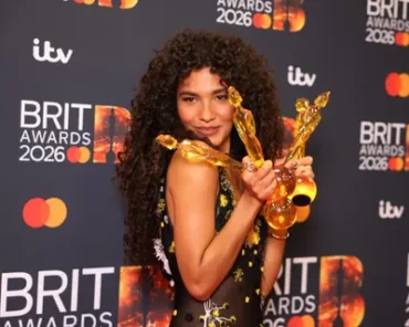 The BRIT Awards trophy on stage, representing Olivia Dean's four-award sweep at the 2026 ceremony