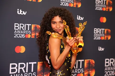 The BRIT Awards trophy on stage, representing Olivia Dean's four-award sweep at the 2026 ceremony