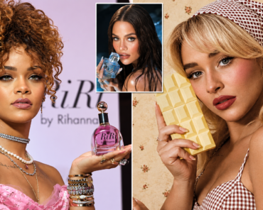 A celebrity-branded fragrance bottle on display, representing the growth of celebrity beauty and fashion lines into major businesses