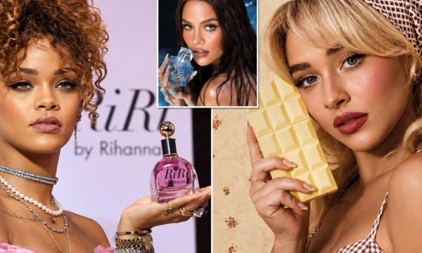 A celebrity-branded fragrance bottle on display, representing the growth of celebrity beauty and fashion lines into major businesses