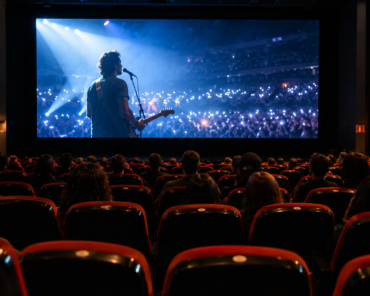 A movie theater marquee advertising a concert film, representing the format's rise as a genuine box-office event