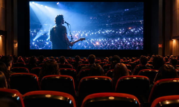 A movie theater marquee advertising a concert film, representing the format's rise as a genuine box-office event