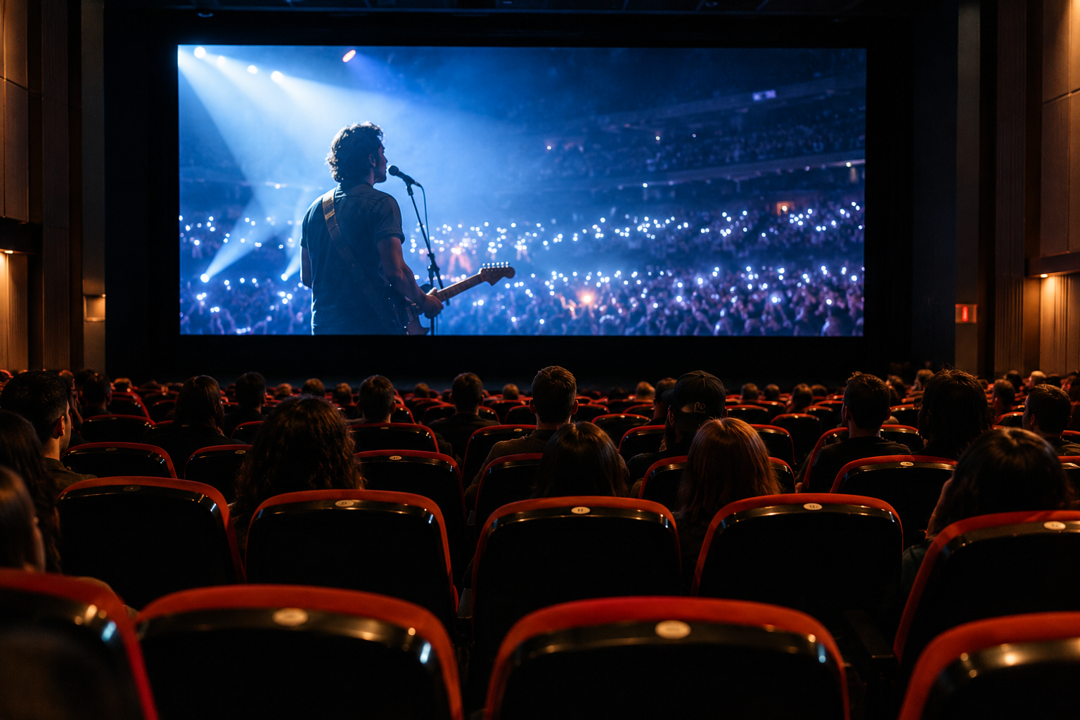 A movie theater marquee advertising a concert film, representing the format's rise as a genuine box-office event