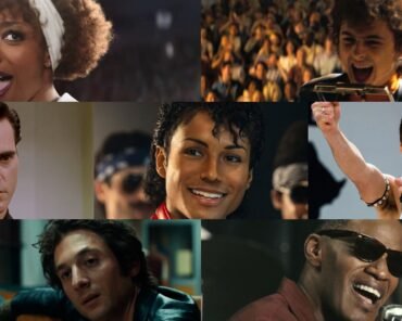 A film set recreating a concert scene for a music biopic, representing the complex production process behind these films