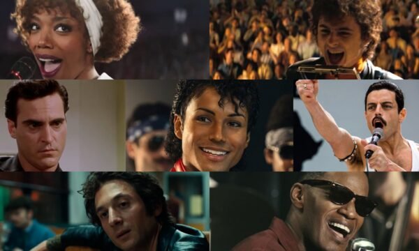 A film set recreating a concert scene for a music biopic, representing the complex production process behind these films