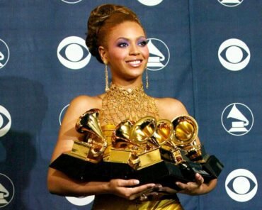 A row of Grammy Award trophies, representing the artists who have won the most awards in the ceremony's history