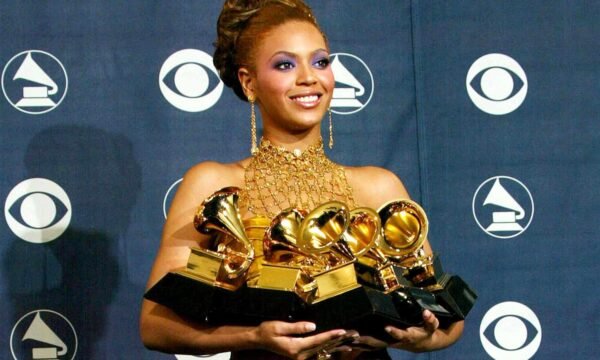 A row of Grammy Award trophies, representing the artists who have won the most awards in the ceremony's history