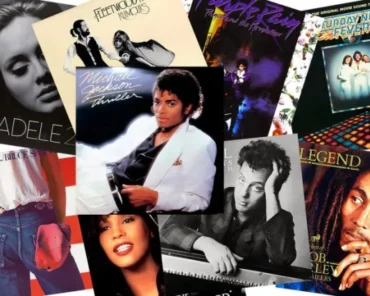 A collection of vinyl records displaying iconic album cover art, representing music history's most memorable visual designs