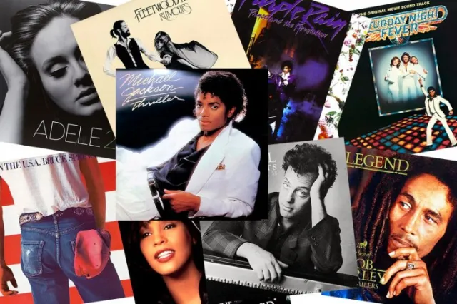 A collection of vinyl records displaying iconic album cover art, representing music history's most memorable visual designs