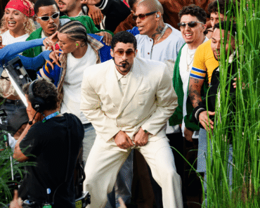 Bad Bunny performing at the Super Bowl LX halftime show, representing his headlining set built around Puerto Rican culture
