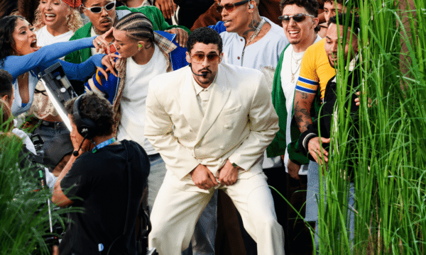 Bad Bunny performing at the Super Bowl LX halftime show, representing his headlining set built around Puerto Rican culture