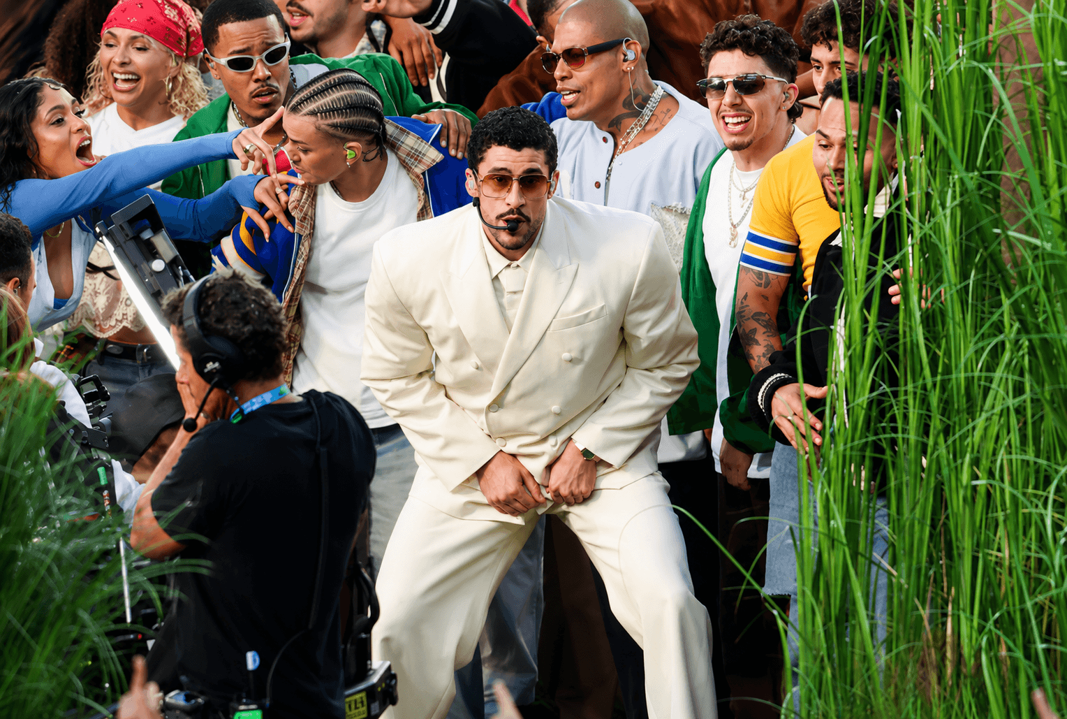 Bad Bunny performing at the Super Bowl LX halftime show, representing his headlining set built around Puerto Rican culture