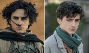 Timothée Chalamet on a red carpet wearing an unconventional designer look, representing his rise as a fashion icon