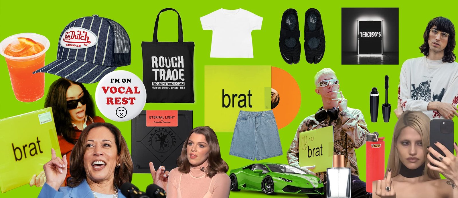 A lime-green aesthetic graphic evoking the "brat summer" cultural moment and its influence on pop culture