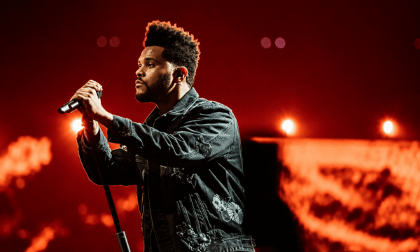 The Weeknd performing on a large stadium stage, representing his evolution from mixtapes to arena-level pop stardom